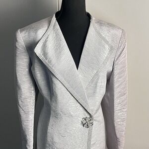 VTG Champagne Italy Rhinestone Skirt Suit Wm's 14 2-Piece A-Line Slit Shoulder